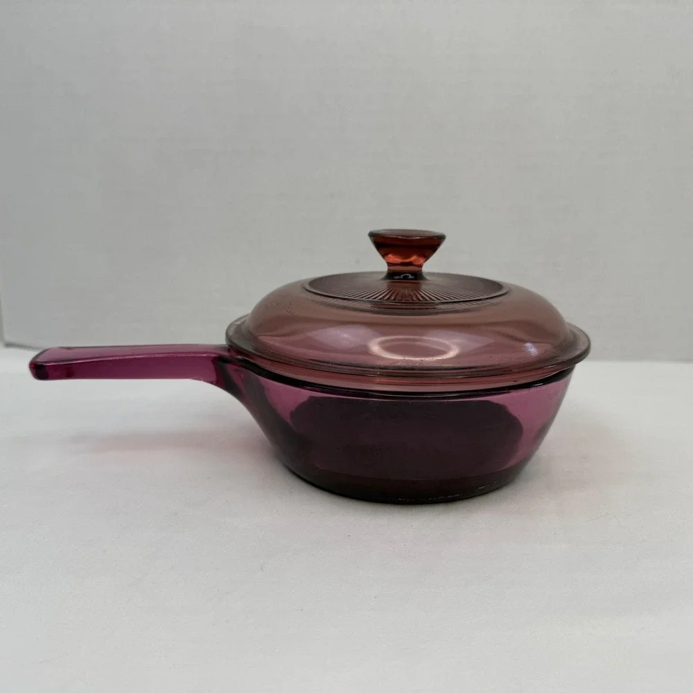 Vision Corning Cranberry Glass Skillet Saucepan with Pyrex V1C Lid Non-Stick
